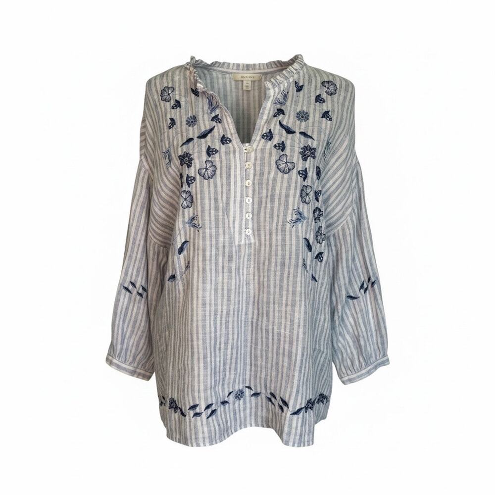 J. Jill Blue White Striped Embroidered Tunic Lightweight Coastal Travel Casual M